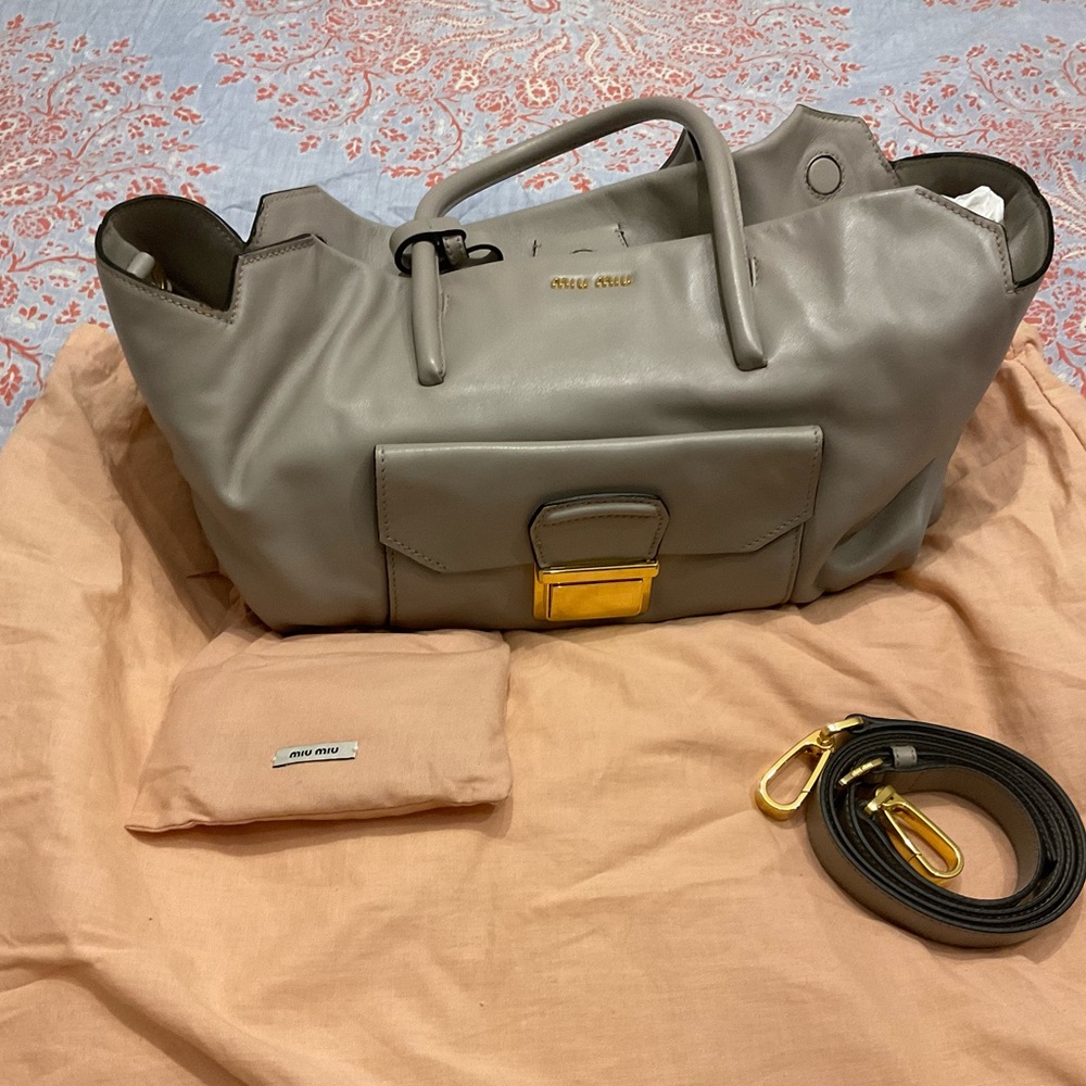 Miu Miu Taupe Satchel with Gold Accents.